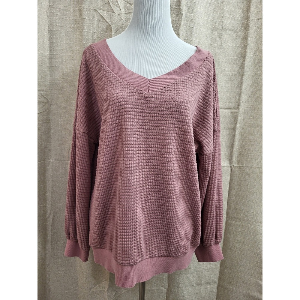 Ninexis Women Mauve Waffle Knit V-Neck Pullover Top Fall Winter Casual Large
